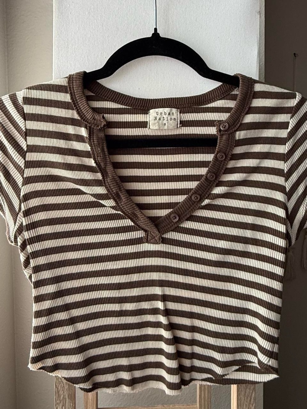 Brown & Cream Striped Ribbed V-Neck Top